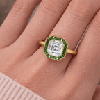 Golden Halo Asscher Cut White & Emerald Moissanite Engagement Ring