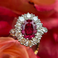 Two Tone Halo Oval Cut Ruby & White Sapphire Engagement Ring For Women Belovegrace