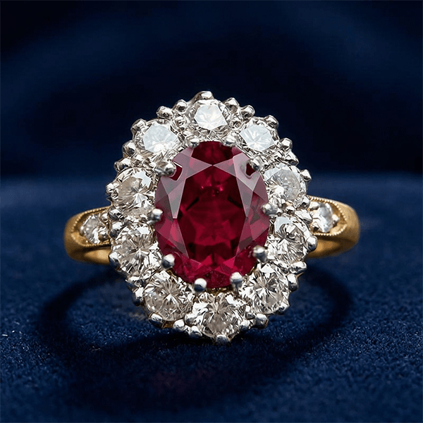 Unqiue Lab Ruby Sapphire Oval Cut Halo Engagement Ring