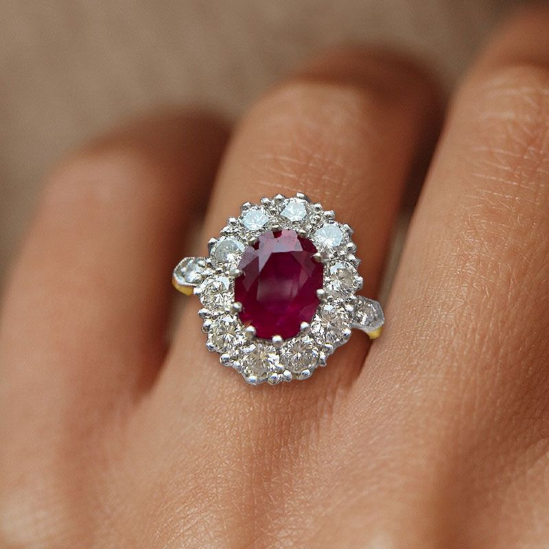 Two Tone Halo Oval Cut Ruby & White Sapphire Engagement Ring For Women Belovegrace