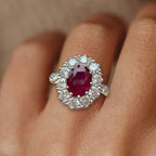 Two Tone Halo Oval Cut Ruby & White Sapphire Engagement Ring For Women Belovegrace