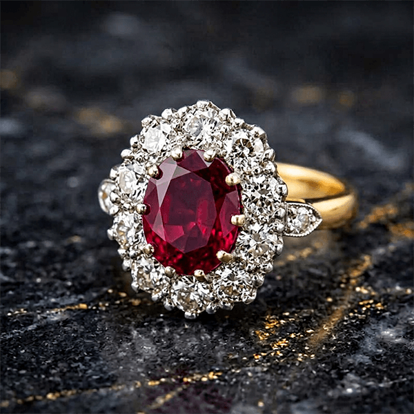 Unqiue Lab Ruby Sapphire Oval Cut Halo Engagement Ring