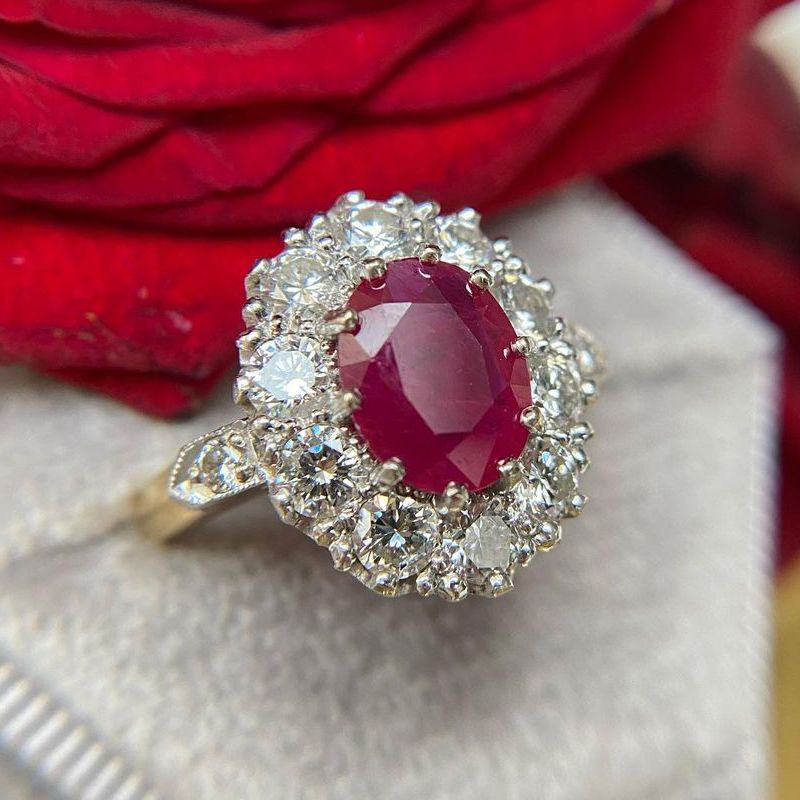 Two Tone Halo Oval Cut Ruby & White Sapphire Engagement Ring For Women Belovegrace