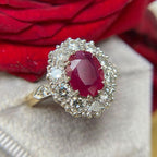 Two Tone Halo Oval Cut Ruby & White Sapphire Engagement Ring For Women Belovegrace
