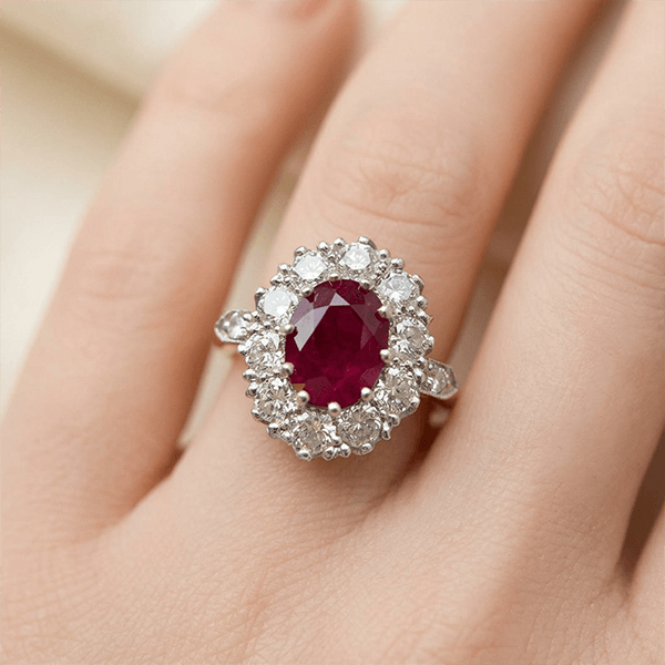 Unqiue Lab Ruby Sapphire Oval Cut Halo Engagement Ring
