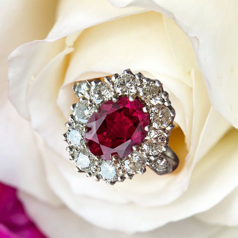 Two Tone Halo Oval Cut Ruby & White Sapphire Engagement Ring For Women Belovegrace