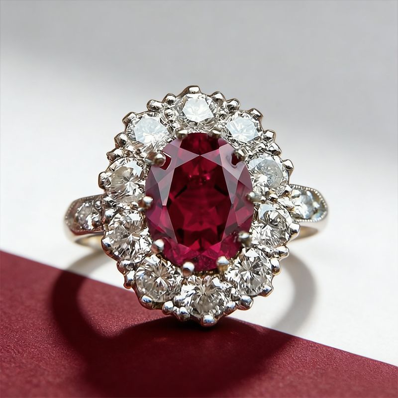 Two Tone Halo Oval Cut Ruby & White Sapphire Engagement Ring For Women Belovegrace
