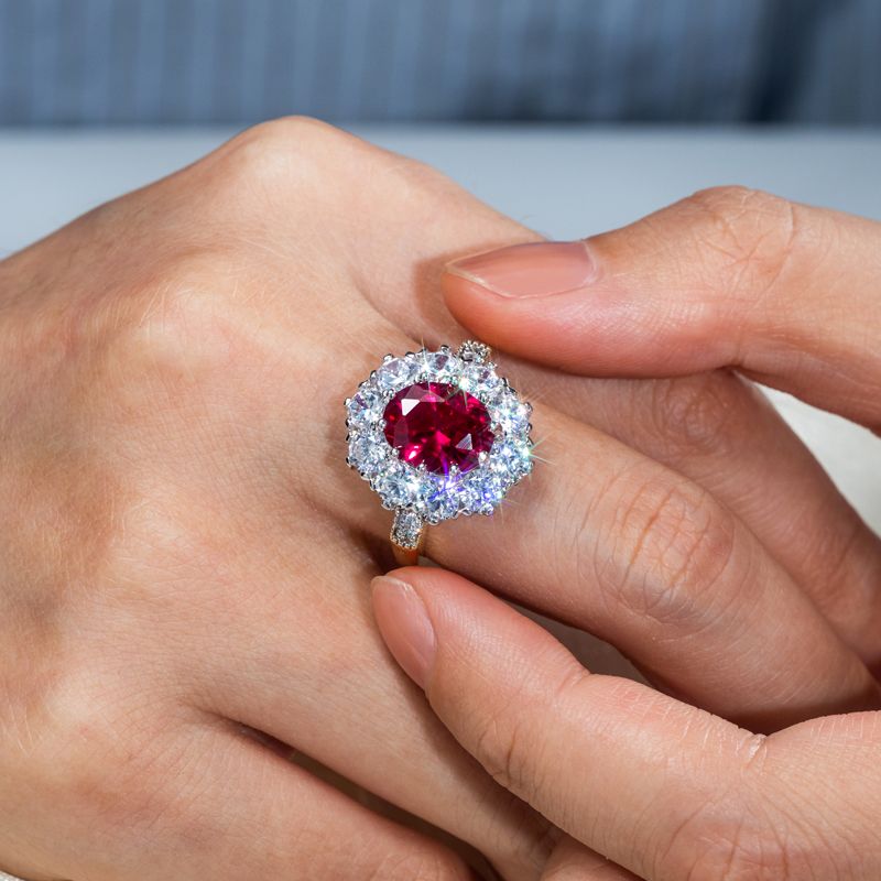 Two Tone Halo Oval Cut Ruby & White Sapphire Engagement Ring For Women Belovegrace