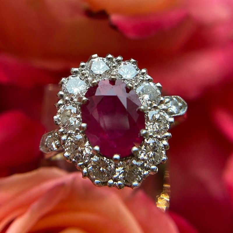 Two Tone Halo Oval Cut Ruby & White Sapphire Engagement Ring For Women Belovegrace
