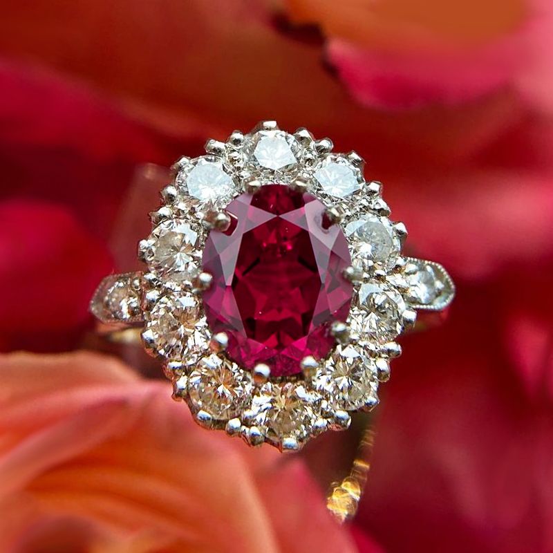 Two Tone Halo Oval Cut Ruby & White Sapphire Engagement Ring For Women Belovegrace
