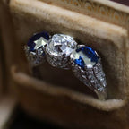 Art Deco Round Cut White & Blue Sapphire Engagement Ring For Women Belovegrace