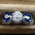 Art Deco Round Cut White & Blue Sapphire Engagement Ring For Women Belovegrace
