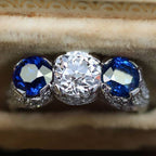 Art Deco Round Cut White & Blue Sapphire Engagement Ring For Women Belovegrace