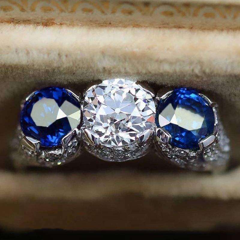 Art Deco Round Cut White & Blue Sapphire Engagement Ring For Women Belovegrace