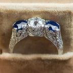 Art Deco Round Cut White & Blue Sapphire Engagement Ring For Women Belovegrace