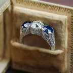 Art Deco Round Cut White & Blue Sapphire Engagement Ring For Women Belovegrace