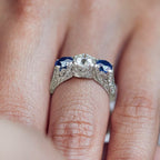 Art Deco Round Cut White & Blue Sapphire Engagement Ring For Women Belovegrace