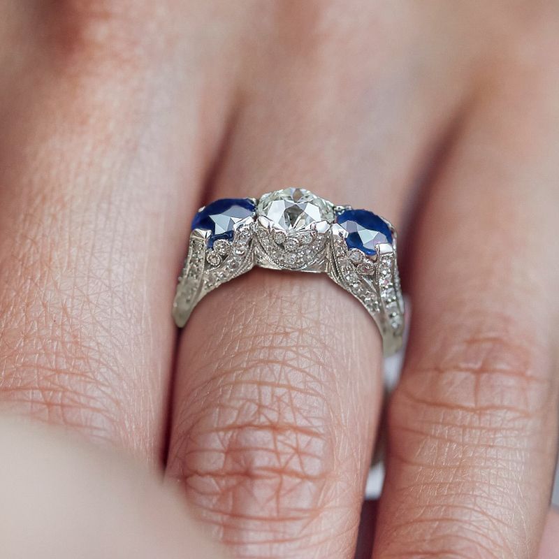 Art Deco Round Cut White & Blue Sapphire Engagement Ring For Women Belovegrace