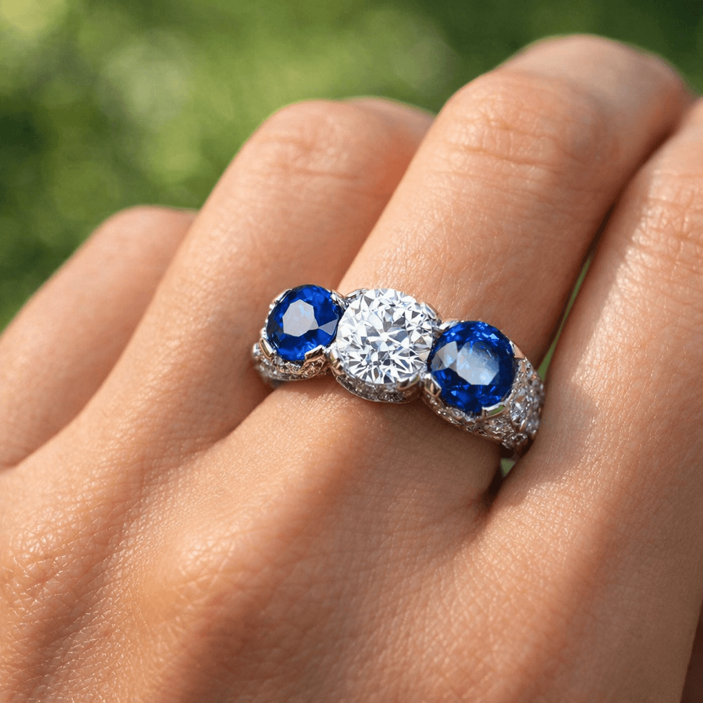 Art Deco 3-Stone Round Cut White & Blue Sapphire Engagement Ring