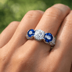 Art Deco 3-Stone Round Cut White & Blue Sapphire Engagement Ring