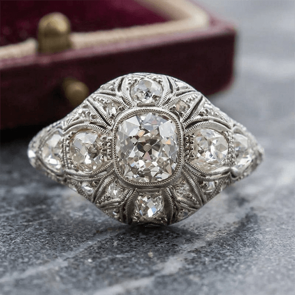Art Deco Filigree Engraving Cushion Cut White Sapphire Engagement Ring