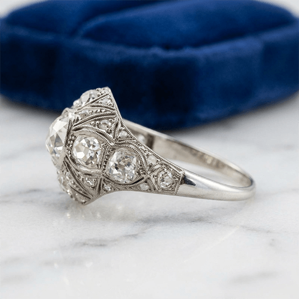 Art Deco Filigree Engraving Cushion Cut White Sapphire Engagement Ring