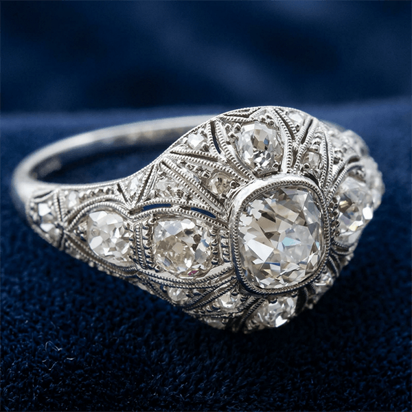 Art Deco Filigree Engraving Cushion Cut White Sapphire Engagement Ring