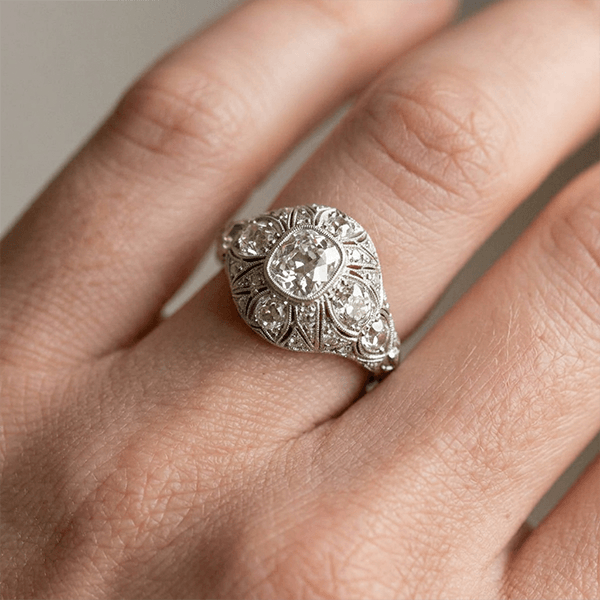 Art Deco Filigree Engraving Cushion Cut White Sapphire Engagement Ring