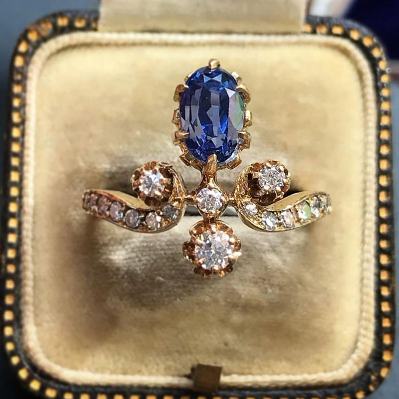 Antique Oval Cut Blue Sapphire Tiara Ring Engagement Ring For Women Belovegrace