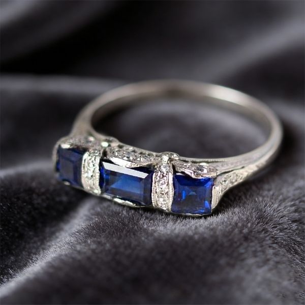 Art Deco Three Stone Emerald Cut Blue Sapphire Engagement Ring For Women Belovegrace