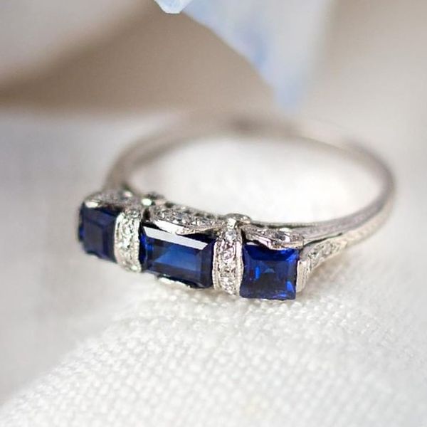 Art Deco Three Stone Emerald Cut Blue Sapphire Engagement Ring For Women Belovegrace