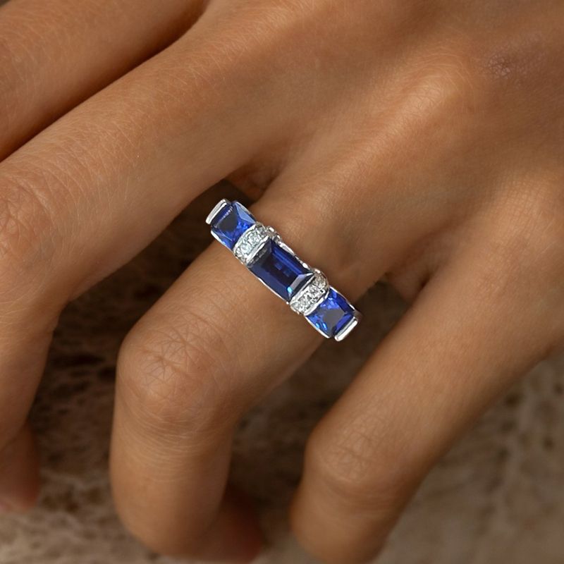 Art Deco Three Stone Emerald Cut Blue Sapphire Engagement Ring For Women Belovegrace