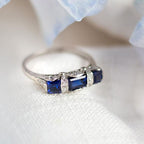 Art Deco Three Stone Emerald Cut Blue Sapphire Engagement Ring For Women Belovegrace