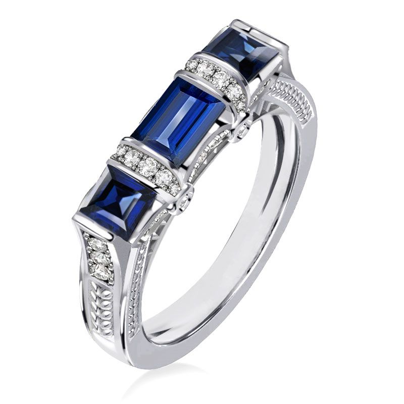 Art Deco Three Stone Emerald Cut Blue Sapphire Engagement Ring For Women Belovegrace