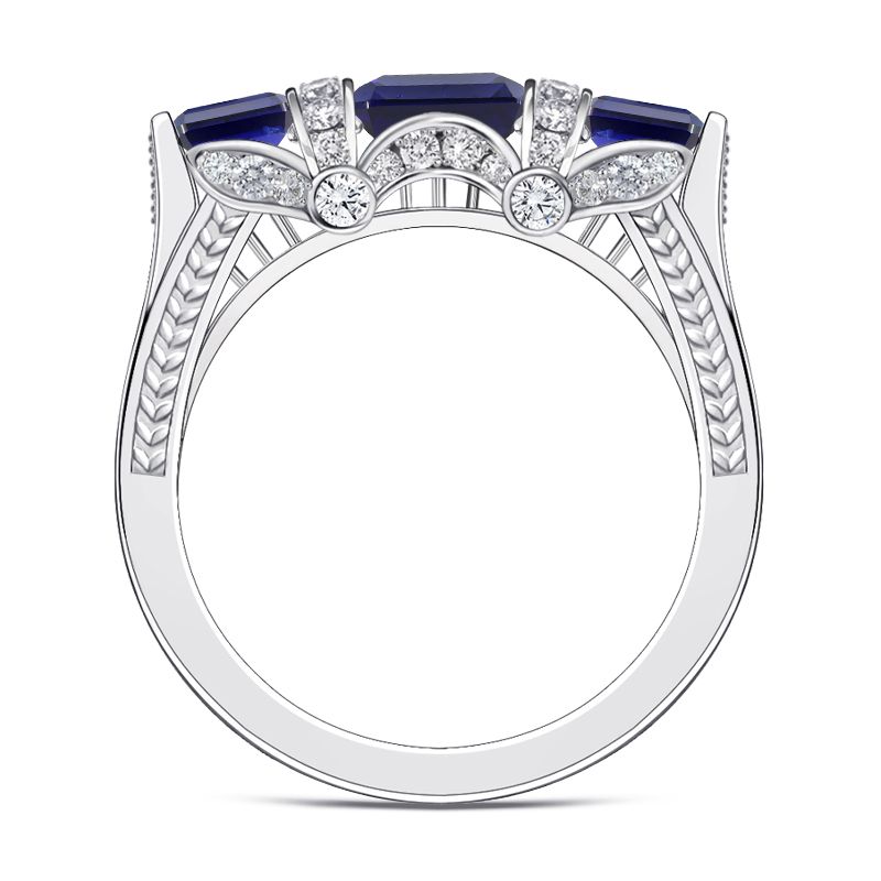 Art Deco Three Stone Emerald Cut Blue Sapphire Engagement Ring For Women Belovegrace