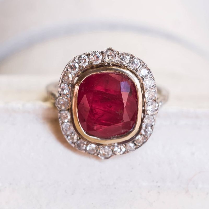 Art Deco Halo Ruby Sapphire Cushion Cut Engagement Ring For Women Belovegrace