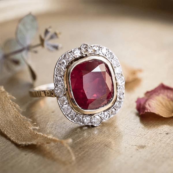 Art Deco Halo Bezel Cushion Cut Ruby Sapphire Engagement Ring