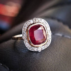 Art Deco Halo Ruby Sapphire Cushion Cut Engagement Ring For Women Belovegrace