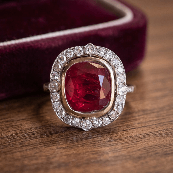 Art Deco Halo Bezel Cushion Cut Ruby Sapphire Engagement Ring