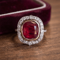 Art Deco Halo Bezel Cushion Cut Ruby Sapphire Engagement Ring