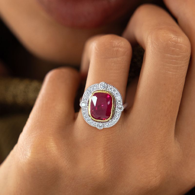 Art Deco Halo Ruby Sapphire Cushion Cut Engagement Ring For Women Belovegrace