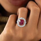 Art Deco Halo Ruby Sapphire Cushion Cut Engagement Ring For Women Belovegrace