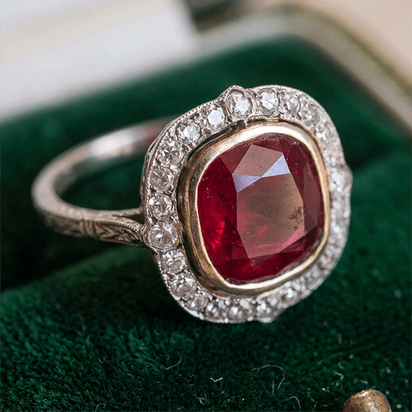 Art Deco Halo Bezel Cushion Cut Ruby Sapphire Engagement Ring