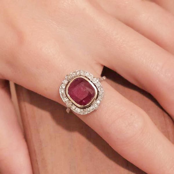 Art Deco Halo Ruby Sapphire Cushion Cut Engagement Ring For Women Belovegrace