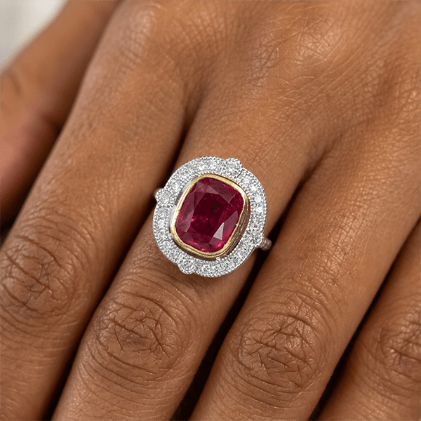 Art Deco Halo Bezel Cushion Cut Ruby Sapphire Engagement Ring