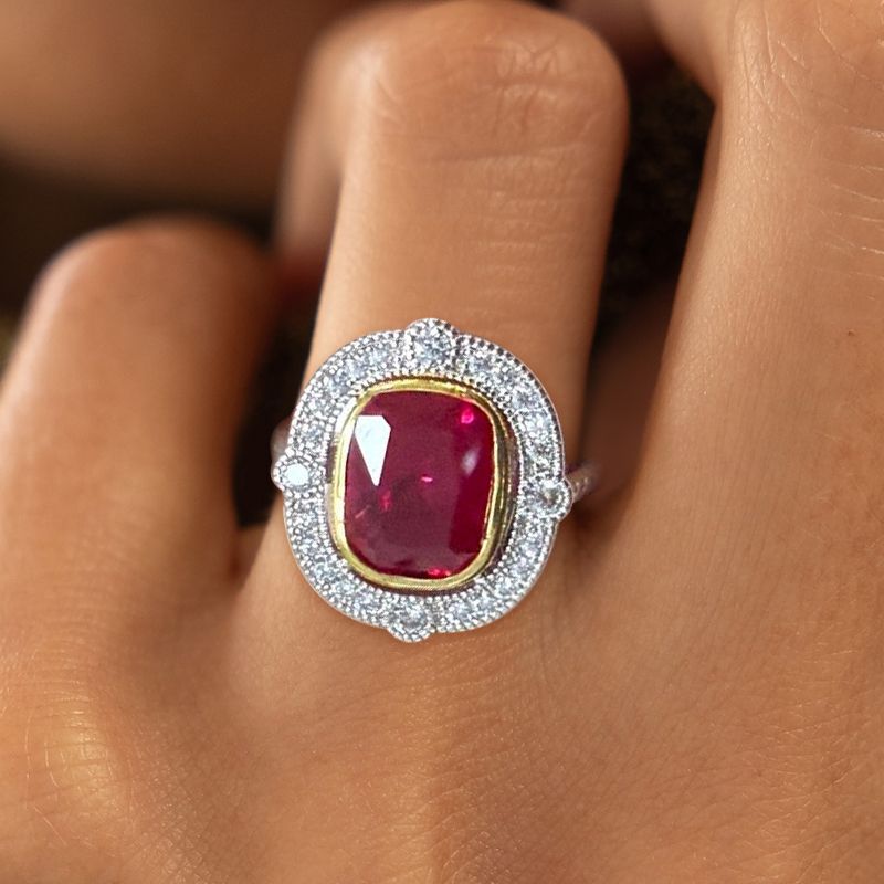 Art Deco Halo Ruby Sapphire Cushion Cut Engagement Ring For Women Belovegrace