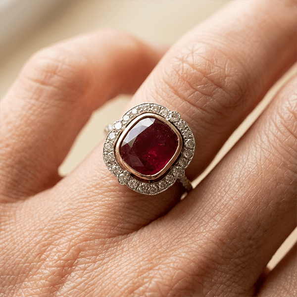 Art Deco Halo Bezel Cushion Cut Ruby Sapphire Engagement Ring