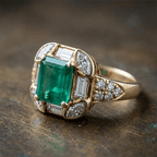 Art Deco Geometric Asscher Cut Emerald Sapphire Halo Engagement Ring