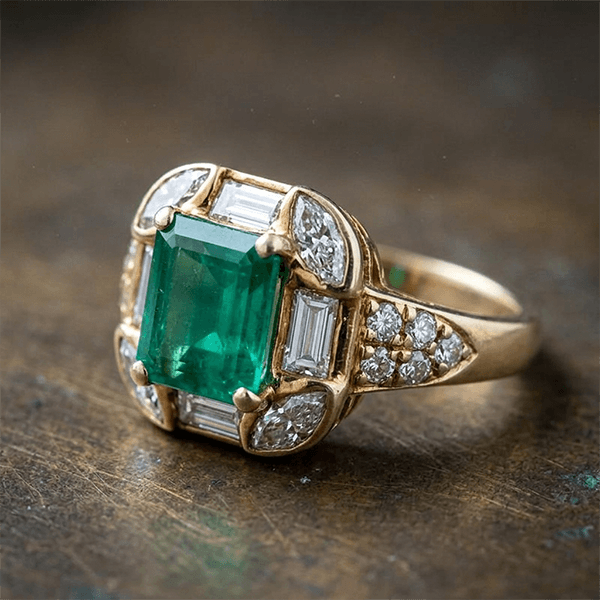 Art Deco Geometric Asscher Cut Emerald Sapphire Halo Engagement Ring