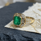 Art Deco Geometric Asscher Cut Emerald Sapphire Halo Engagement Ring